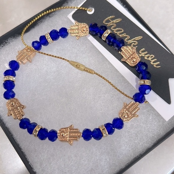 Blue Cobalt Beaded Gold Hand of Fatima (Hamsa) Glass Stretch Bracelet - Picture 4 of 4